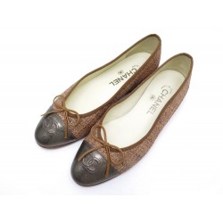 CHAUSSURES CHANEL BALLERINES 37 G02819 RAFIA ET CUIR MARRON LOGO CC SHOES 590€