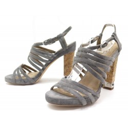 NEUF CHAUSSURES CHANEL 37.5 SANDALES A TALONS EN DAIM GRIS GREY SUEDE SHOES 970€