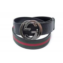 CEINTURE GUCCI GUCCISSIMA DOUBLE G 114984 EN TOILE & CUIR NOIR LEATHER BELT 380€