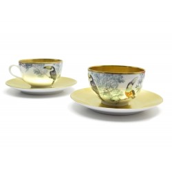 LOT DE 2 TASSES ET SOUCOUPES HERMES TOUCANS DORE 