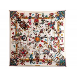 FOULARD HERMES KACHINAS KERMIT PAR OLIVIER CARRE 90 SOIE BEIGE SILK SCARF 370€