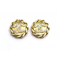 BOUCLE OREILLE CHANEL METAL DORE ET STRASS 