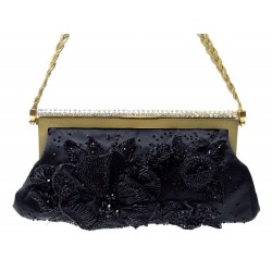 VINTAGE SAC A MAIN VALENTINO POCHETTE EN SATIN NOIR PERLES & STRASS CLUTCH BAG