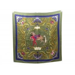 FOULARD HERMES CHEVAL TURC CARRE 90 VAUZELLES EN SOIE KAKI GREEN SILK SCARF 370€