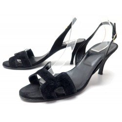 CHAUSSURES HERMES NIGHT 70 H142119Z395 SANDALES 39.5 VELOURS NOIR SAC BOITE 590€