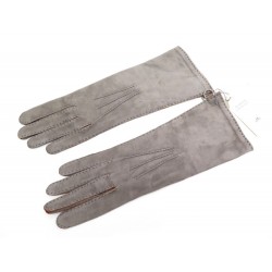 NEUF GANTS HERMES LONGS TAILLE 7.5 CUIR CHEVREAU SURPIQUE GRIS GLOVES NEW 705€