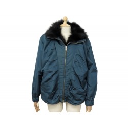 MANTEAU PRADA PARKA T 42 L EN POLYESTER BLEU & COL FOURRURE RENARD COAT 2300€