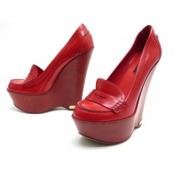 CHAUSSURES LOUIS VUITTON MOCASSINS A TALONS COMPENSES 36.5 CUIR ROUGE SHOES 690€