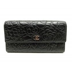 NEUF PORTEFEUILLE CHANEL CAMELIA EN CUIR NOIR PORTE MONNAIE BILLFOLD WALLET 870€