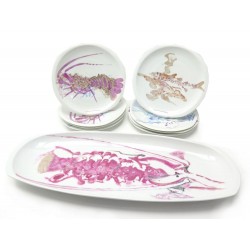 SERVICE BERNARDAUD DECOR POISSONS 8 ASSIETTES + PLAT HOMARUS PORCELAINE BLANC