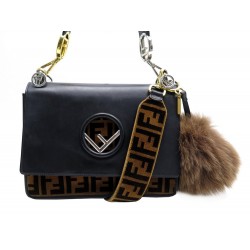 SAC FENDI KAN I CUIR ET VELOURS + BANDOULIERE MONOGRAMME + POMPOM FOURRURE 