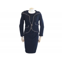 TAILLEUR CHANEL VESTE + ROBE T 34 TWEED BLEU 