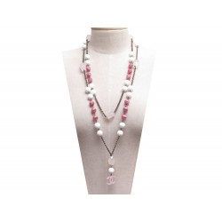 COLLIER CHANEL SAUTOIR PERLES ET LOGO CC 150 CM METAL ROSE & BLANC + BOITE 1590€