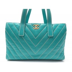 SAC A MAIN CHANEL CUIR CHEVRON TURQUOISE 