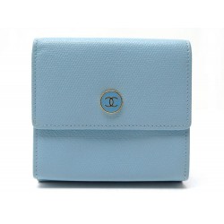 PORTEFEUILLE CHANEL LOGO CC PORTE MONNAIE CUIR GRAINE BLEU LEATHER WALLET 590€