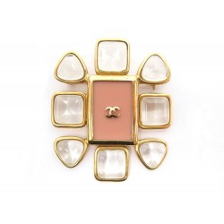 BROCHE CHANEL FLEUR LOGO CC 1996 EN METAL DORE & PATE DE VERRE BROOCH 800€