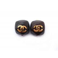 BOUCLES D'OREILLES CHANEL LOGO CC EN METAL DORE MARRON BROWN EARRINGS 390€