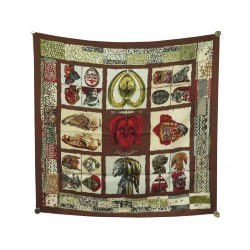 FOULARD HERMES PERSONA LOIC DUBIGEON SOIE MARRON + BOITE BROWN SILK SCARF 370€