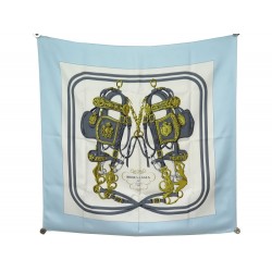 FOULARD HERMES BRIDES DE GALA PAR HUGO GRYGKAR SOIE BLEU + BOITE SILK SCARF 370€