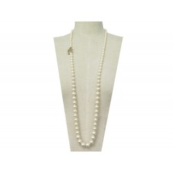 NEUF COLLIER CHANEL SAUTOIR PERLES ET LOGO CC 110 CM METAL DORE NECKLACE 1590€