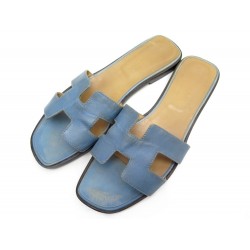 CHAUSSURES HERMES SANDALES ORAN 40 EN CUIR BLEU BLUE LEATHER SANDAL SHOES 480€