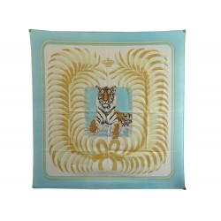 FOULARD HERMES TIGRE ROYAL PAR CHRISTIANE VAUZELLES EN SOIE BLEU SILK SCARF 370€