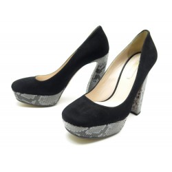 CHAUSSURES PRADA 07330 ESCARPINS 37 DAIM NOIR & CUIR PYTHON GRIS PUMP SHOES 815€