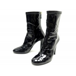 NEUF CHAUSSURES CHANEL G30913 BOTTINES A TALONS 40 CUIR VERNI NOIR + BOITE 950€