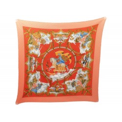 FOULARD PLISSE HERMES CAVALIERS DES NUAGES 1999 CARRE EN SOIE ORANGE SILK SCARF