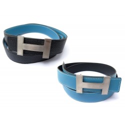 CEINTURE HERMES REVERSIBLE BOUCLE H QUIZZ 32 MM 95 CUIR NOIR ET BLEU BELT 635€