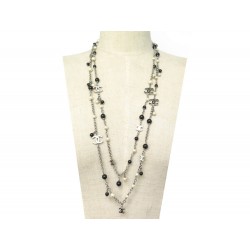 NEUF COLLIER CHANEL SAUTOIR PERLES NOIRES ET BLANCHES ET LOGO CC + BOITE 1590€