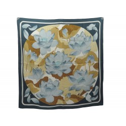 NEUF FOULARD HERMES FLEURS DE LOTUS CARRE 90 VAUZELLES SOIE BLEU SILK SCARF 370€