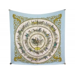 FOULARD HERMES LA PROMENADE DE LONGCHAMPS LEDOUX SOIE BLEU BLUE SILK SCARF 370€