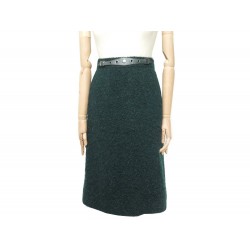 NEUF JUPE HERMES TAILLE 42 L EN TWEED VERT AVEC CEINTURE GREEN WOOL SKIRT 1000€