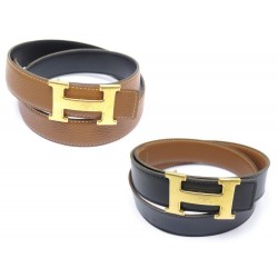 CEINTURE HERMES H METAL DORE CUIR BICOLORE 