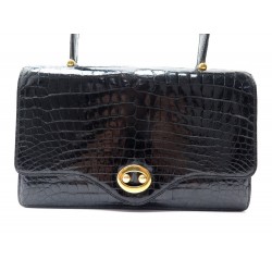 VINTAGE SAC A MAIN HERMES BOUTONNIERE EN CUIR DE CROCODILE POROSUS NOIR HAND BAG