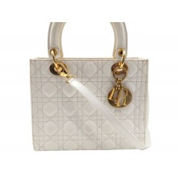 SAC A MAIN CHRISTIAN DIOR LADY PM 24 CM CUIR VERNI BLANC 