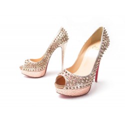 NEUF SANDALES CHRISTIAN LOUBOUTIN LADY PEEP SPIKE CUIR ET PYTHON BRONZE 