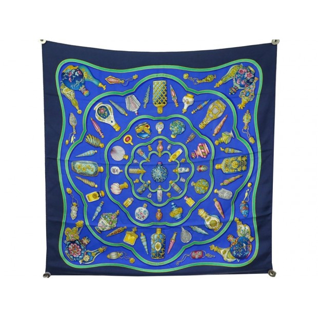 FOULARD HERMES QU'IMPORTE LE FLACON CATHERINE BASCHET SOIE BLEU SILK SCARF 370€