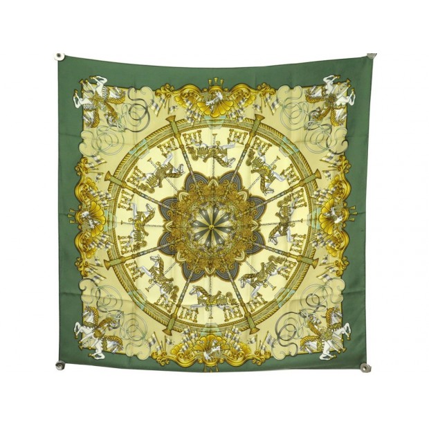 FOULARD HERMES LUNA PARK JOACHIM METZ SOIE BROCHEE JACQUARD VERT SILK SCARF 370€