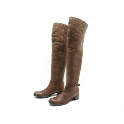 CHAUSSURES MIU MIU 38.5 BOTTES CUISSARDES FOURREES CUIR MARRON BOOTS SHOES 1195€