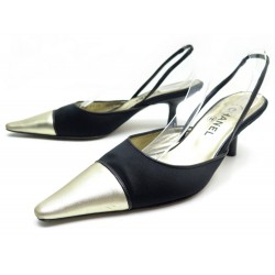 CHAUSSURES CHANEL SLINGBACK 39.5 ESCARPINS A TALONS SATIN NOIR ET CUIR DORE 650€