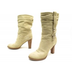 BOTTES LOUIS VUITTON TALONS BOUCLE LV 40 EN DAIM BEIGE SUEDE BOOTS SHOES 740€