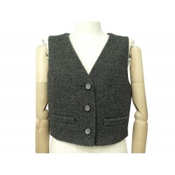 NEUF VESTE GILET CHANEL T 44 L EN TWEED GRIS & CUIR D'AGNEAU NOIR JACKET 2500€