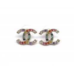 NEUF BOUCLES D'OREILLES CHANEL LOGO CC STRASS MULTICOLORES + BOITE EARRINGS 390€