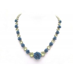 COLLIER PRADA ROSES BLEUES ET PIERRES 51 CM METAL ARGENTE + BOITE NECKLACE 505€