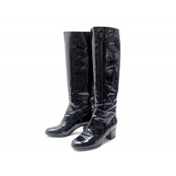 CHAUSSURES CHANEL G26153 BOTTES A TALONS 37 CUIR VERNI NOIR LEATHER BOOTS 1315€