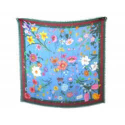 CHALE GUCCI IMPRIME RHOMBUS MOTIFS FLORA FOULARDS EN LAINE BLEU WOOL SHAWL 450€