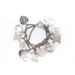 NEUF BRACELET CELINE BRELOQUES LOGO 18 CM EN METAL ARGENTE & STRASS CHARMS 790€