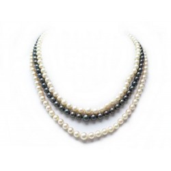 COLLIER 3 RANGS DE 223 PERLES DE CULTURE BLANCHES & NOIRES 8MM PEARLS NECKLACE